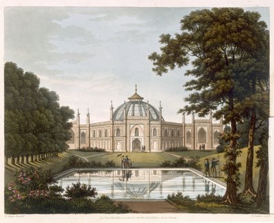 Brighton Pavilion: Vorgeschlagene Ansicht des Gartens mit einem Teil des Brighton Pavilion im Hintergrund, graviert von J. C. Stadler, ca. 1816 von Humphry Repton